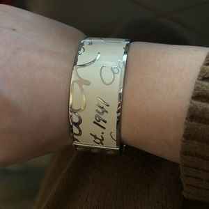 Coach Ivory & Silver Cursive Logo Enamel & Metal Studded Bangle Bracelet